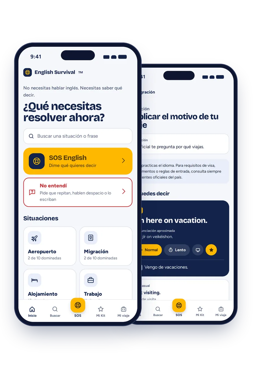 La app English Survival en el celular: pantalla de inicio y la situación Explicar el motivo de tu viaje