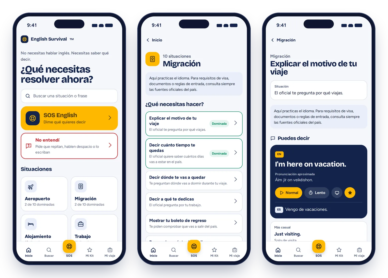Tres pantallas de la app: inicio, la categoría Migración y una situación con la frase en inglés