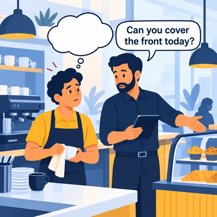 El jefe pregunta: Can you cover the front today? El empleado no entiende.